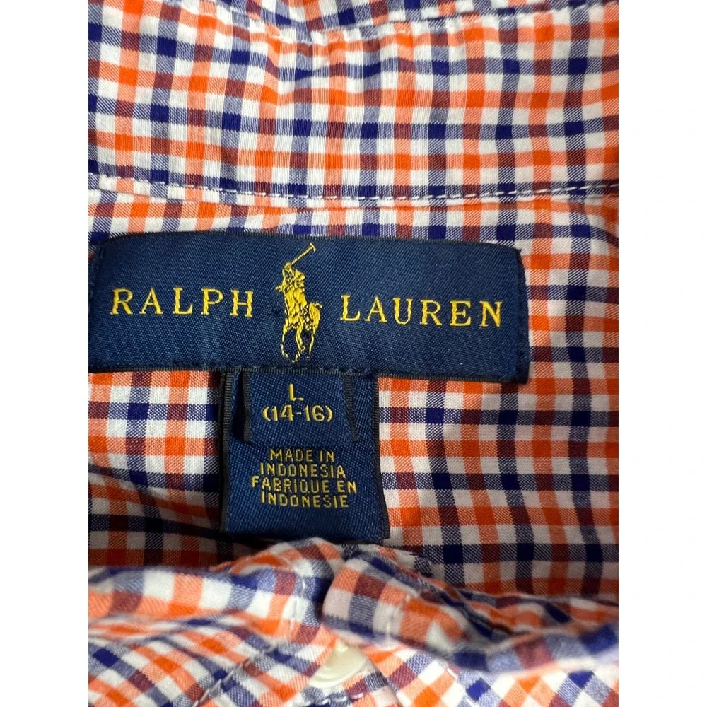 Ralph Lauren Button Down Kids Shirt Size L 14-16 Orange Blue Gingham Classic A57